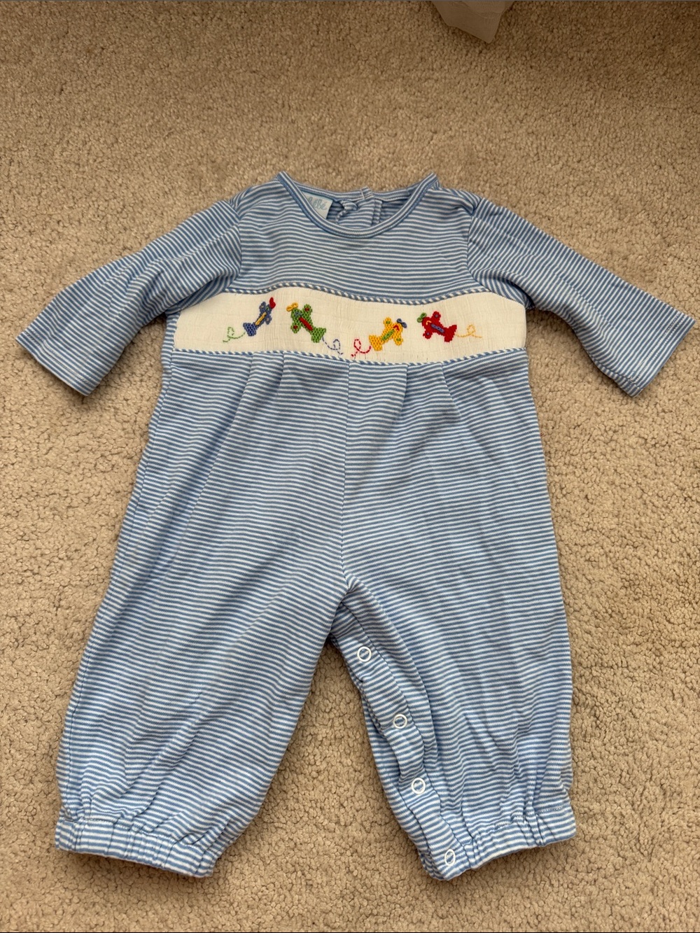 Petit Bebe Blue Striped Smocked Airplane One-Piece